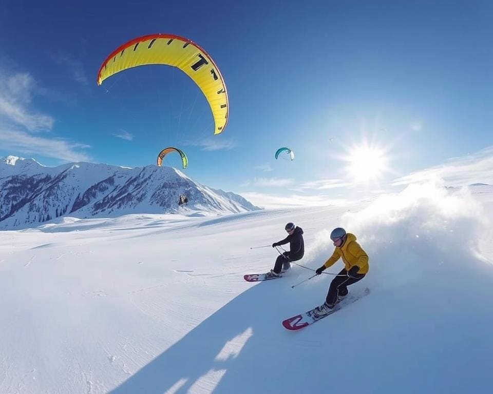 Kitesnowboarden in der Winterlandschaft