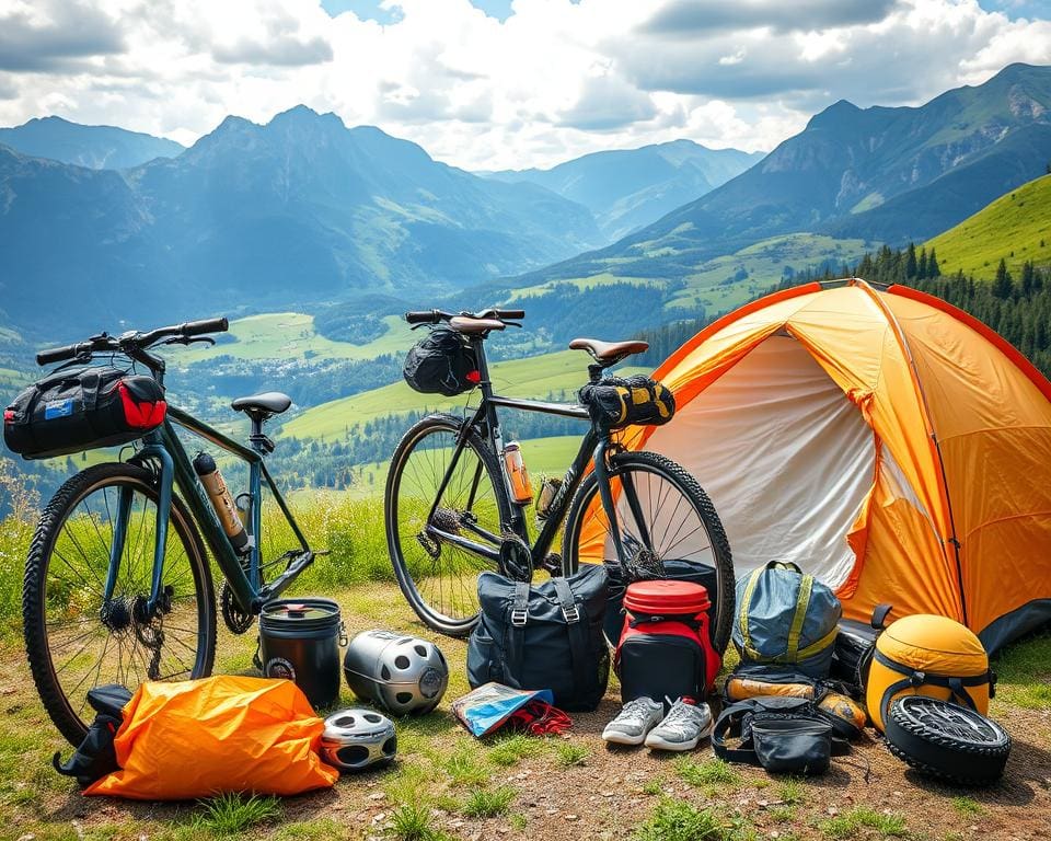 Fahrradausrüstung und Campingutensilien für eine Veloreise